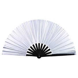 Gionforsy 1pcs Rave Hand Fan Bamboo Holding Hand Fan Large Folding Fan with Bright Color Fabric Folding Fan for Festival (Silver)