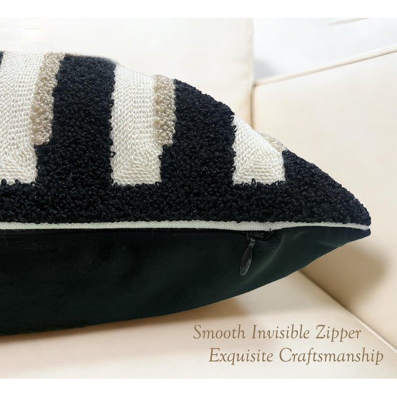 20"x20" Black Cream Stripe Tufted Pillow Covers Luxury Geometric Accent