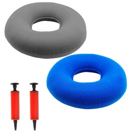 2 Pack with 2 Colors Donut Cushion, Donut Ring Cushion for Pressure Relief, Cushion with 2 Pumps Inflatable Donut Seat Cushion, for Home Office and Car, 38 x 10cm(Grey and Blue)
