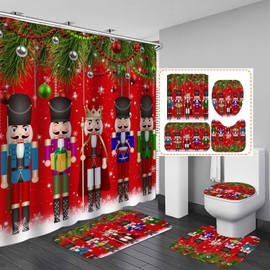 OLEBETY - Juego de 4 cortinas de ducha de cascanueces de Navidad con alfombras, tela impermeable, cortina de ducha roja, regalos divertidos de Navidad, bolas de abeto verde, copo de nieve, invierno