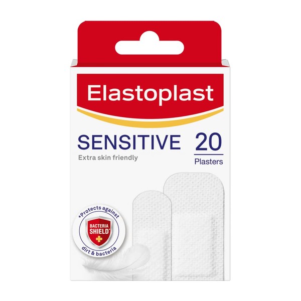 Elastoplast Sensitive Hypoallergenic Plasters (20 Plasters), Plasters for Painless Removal, Soft and Breathable Fabric Plasters, Protects and Cushions the Wound, Sensitive Plasters, White