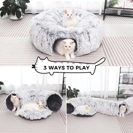 YUYAFN Plush Cat Tunnel with Cat Bed for Indoor Cats, Multifunctional Cat Donut Tunnel for Small Medium Large Cats Kitten Rabbit Puppies (Grey)
