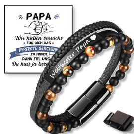 Jbniuay Father's Day Gift Gifts for Dad Bracelet Dad Engraving "Weltbester Papa" - Leather Bracelet Dad with Beads - Christmas Gifts for Dad Men, Leather