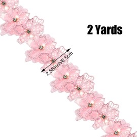 Organza Flower Trim 2 Yards 3D Flower Lace Trim Pearl Embroidered Applique Sewing Craft for Wedding Dress Embellishment DIY Dress Decor, Gowns, Home Decor (Pink)