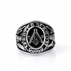 HIJONES Jewellery Mens Stainless Steel Domineering Vintage Freemason Masonic Rings, Black and Silver Size Y