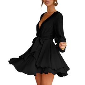 Womens Mini Dress Deep V-Neck Baggy Sleeve Ruffle Hem Short Dresses Black S