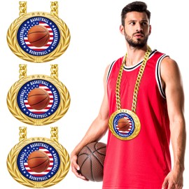 3 Set Patriotic Sports Turnover Chain Medal 6" Big Greatest of All Time Gold Trophy Necklace Basketball Soccer Champion Chain for Sports Achievements Football Fantasy Athlete Prize Gifts(Basketball)