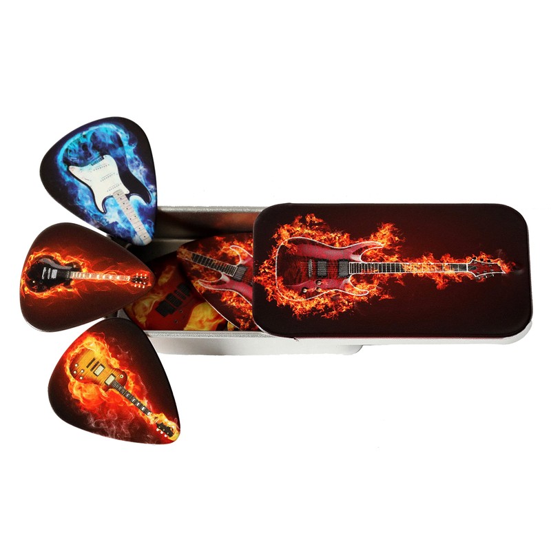 Tin of 9 Flaming Guitar Plectrums - Double sided -