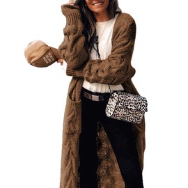ZIWOCH Women's Long Cardigan Coats Cable Knit Casual Open Front Long Sleeve Loose Sweater with Pockets Brown