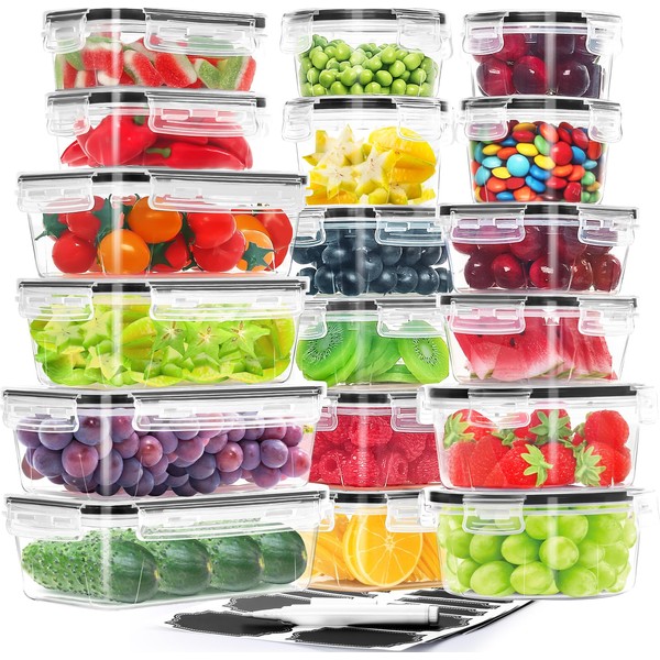 HKJ Chef 36-Pieces Airtight Food Storage Containers Set, 18 Containers & 18 Snap Lids, Plastic Meal Prep Container for Kitchen and Pantry Organization, BPA Free, Includes Labels & Marker