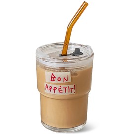 Olvini - Vaso de vidrio de 384 ml con popote y tapa de vidrio, reutilizables para café helado, agua, bebidas (Bon Appétit)