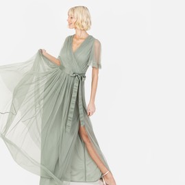 Maya Deluxe Women's Maxi Dress Women V Neckline Short Sleeve Frilly Long Empire Waist for Wedding Guest Bridesmaid Maid of Honor Dress, Frosted green