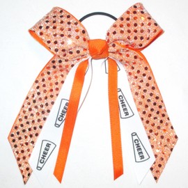 Cheerleading Soft Touch Sequin Hair Bow, Made in the USA, White Pony Band, (Orange)