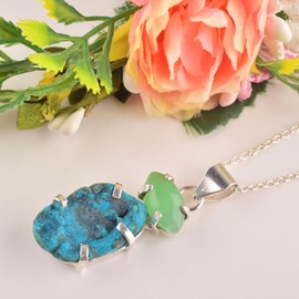 GEMSLOGY Natural Real Chrysocolla and Chrysophase Crystals Bezel Pendant Necklace, Double Stone Pendant, Healing Rough Gemstone, Birthday, Occasion Wear, Gift for Her (chrysocolla-chrysoprase)