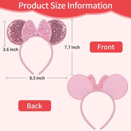 Sotaila 2 Pack Pink Purple Mouse Ears Headbands for Women Girls, Sequin Bow Headband for Cosplay Costume Birthday Party Decorations Hair Accessories