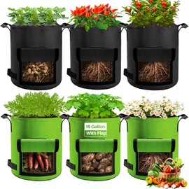Xpatee 6 Pack Potato Grow Bags 15 Gallon with Flap, Grow Bags for Growing Potatoes, Duarable Fabric Garden Planter Pots with Harvest Window for Vegetable and Fruits, Black & Green