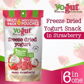 YoGut Freeze Dried Yogurt Snack, Strawberry, 6 Pack, Healthy Snacks for Kids, Toddlers & Adults, Gluten Free, Non GMO, With 5 Billion Live Probiotics, Vitamins & Minerals, Individual Snack Packs