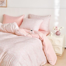 Wake In Cloud - Coquette Duvet Cover Set, Floral Cottagecore Flower Shabby Chic Cute Aesthetic, Soft Lightweight Bedding for Women Teen Girls, 3-Piece, Light Pink, Queen Size