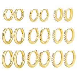 Gold Hoop Earrings Set, 9 Pairs of 14 Carat Real Gold-Plated Hoop Earrings, Gold, Small, for Women, Hypoallergenic, Cartilage Huggie Hoop Earrings with AAA+ Zirconia, Twist Heart Piercing Gold
