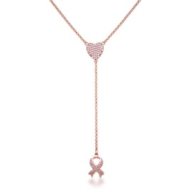 Precious Stars Rose Gold Plated Brass Women's Pink CZ Heart & Awareness Lariat Necklace