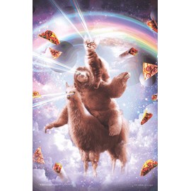 Scorpio Posters Space Cat Riding Sloth - by James Booker - Laminated - Mini Poster - 11.5" x 17.5"