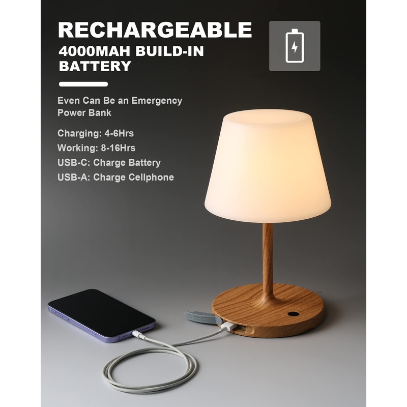 WEILAILUX Outdoor Battery Operated Table Lamp Waterproof, 4000mAh Cordless Table