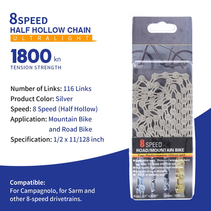 VG Sports 8 Speed Bike Chain Lightweight Half Hollow 1/2x3/32