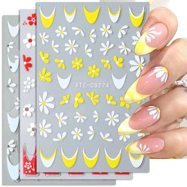 6pcs French Tip Daisy Nail Stickers 3D Flower Nail Art Stickers Daisy Decor Flower Stickers for Nails Floral Nail Sticker Nails Flowers Nail Design Stickers Flower Nail Decals for Nail Art Supplies