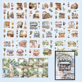 Scrapbook Accessories Set, 54 Sheets Garden Flowers Street Scenery Pre-Cut Transparent Washi Stickers Made of PET with Collage Paper, Ephemera for Junk Journaling, Scrapbooking