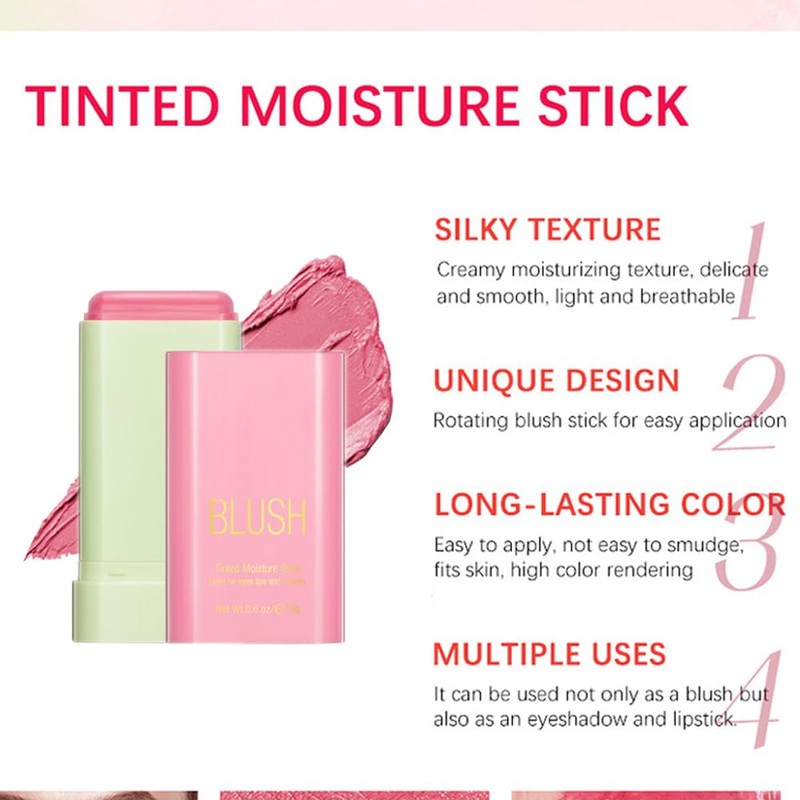 Mysense Pink Cream Blush Stick, Multi-use Makeup Blush Stick for