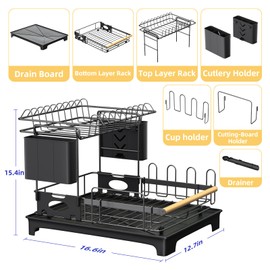 Vathingood 2 Tier Dish Drying Rack, Drying Rack with Automatic Drainboard, Dish Racks for Kitchen Counter, Rustproof Dish Drainer with Removable Utensil Holder, Cups Holder,Black