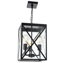 TODOLUZ Large Outdoor Pendant Light, Black Exterior Ceiling Porch Light with Seeded Glass Panel, Outdoor Chandelier Hanging Lantern for Garage Entryway Patio Front Door