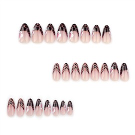 French Tip Press on Nails Medium Almond Fake Nails False Nails with Designs Flower Leopard Print Cheetah Print Nails Glossy Glue on Nails Stick on Nails for Women Girls 24 Pcs