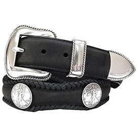 Walking Liberty Coin Conchos Western Belt Crazy Horse Scalloped Genuine Leather Belt 1-1/2"(38mm) Wide (Black,38)