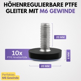 Filzada 10 x PTFE Adjustable Feet M6 - Levelling Feet - PTFE Gliders with Thread - Furniture Feet with Thread - Adjustable Foot M6 - Gliders for Chairs/Chair Glides - Adjustable Teflon Gliders for