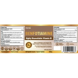 Herba Benfotiamine B1 Vitamin - 120 Capsules | 100mg of High Dose Vitamin B1 Supplement | Highly Bioavailable - Fat Soluble Vitamin B 1 | Better Absorption than Thiamine B1 Supplement | Made in Canada