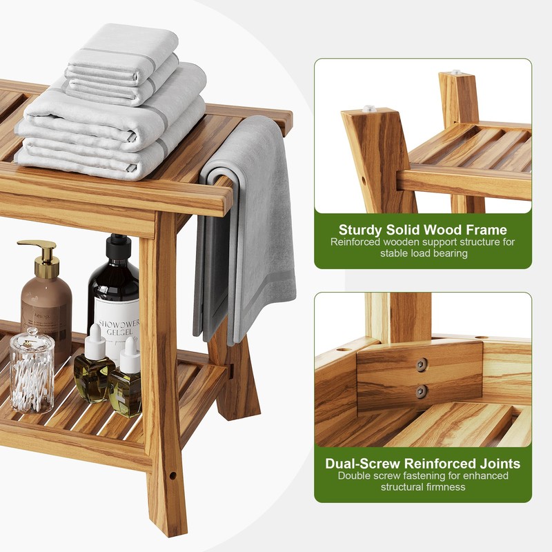Jekruiet 24" Solid Teak Shower Bench with Towel Bar &