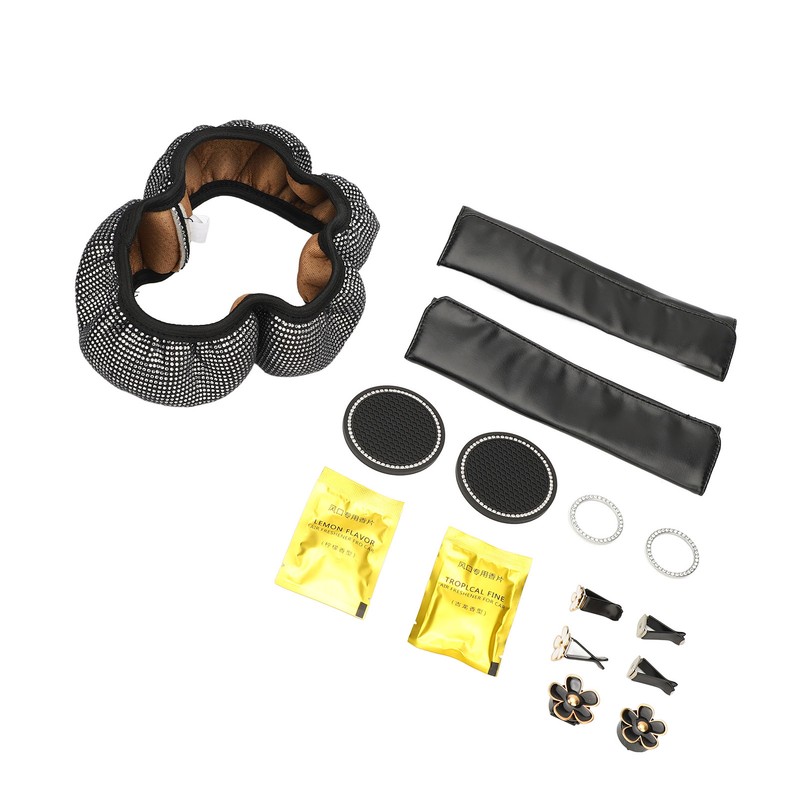 Bling Car Accessories Set Rhinestone Steering Wheel Cover Coaster Starter