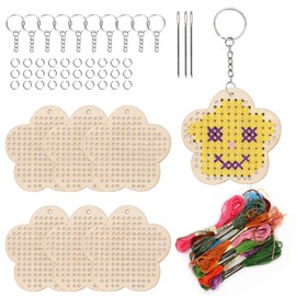 Swpeet 64Pcs Flower Shape Wooden Cross Stitch with Keychain, Jump Ring, Thread and Needles Assortment Kit, Wood Sewing Kit for Beginners, Crafts Needle Embroidery Kit for DIY Hanging Decor Gift