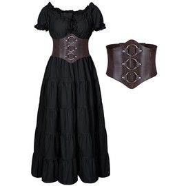 Elegant Renaissance Medieval Costume Pirate Cosplay Dress Corset Waist Belt Set(Black XL)