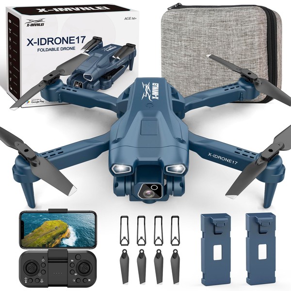 X17p Drone Pieghevole con Telecamera 1080P, Mini Droni per Principianti/Adulti Obiettivo 135° Regolabile Elettricamente, Quadcopter RC con Posizionamento del Flusso Ottico, con 2 Batterie
