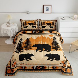 Feelyou Black Bear Comforter Set for Kids Boys Girls Striped Boho Comforter Twin Size Wild Animal Bedding Set Room Decor Rustic Cabin Country Duvet Set Brown Quilt Set 2Pcs