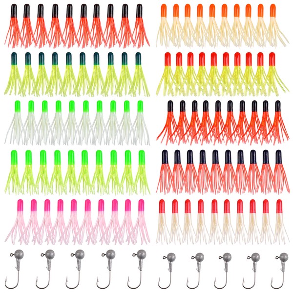 Grub Lures Fishing Jigs Head Hooks Kit- Soft Plastic Grub Tail Worm Lure Bait Crappie Jigs Buster Tubes Baits for Bass Trout Saltwater Freshwater Fishing 17-110pcs