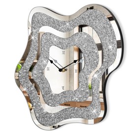 FEUFOAM Wall Clock Silver Irregular Mirror Glass Clocks Cute Crystal Crushed Diamond Clock for Wall Decorative, Perfect Home Decor for Living Room Bedroom Dining Room Office