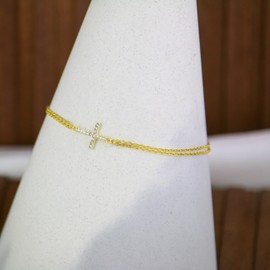 TERRA ARGENTI Rhinestone Cross Bracelet with Double Strand Chain | Genuine .925 Sterling Silver Bracelet | Gift for Women | 6 Inch + 2 Inch Extender | Fits Size 6-8 Inch Wrists (Sterling silver)