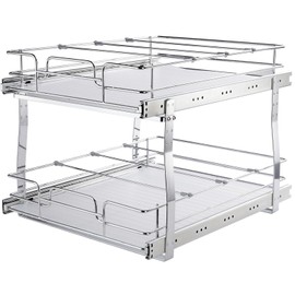 Happybuy 2-Tier 19" W x 20" D Pull Out Cabinet Organizer, Heavy-Duty Slide Out Pantry Shelves, Chrome-Plated Steel Roll Out Drawers for Kitchen Cabinet, Bathroom.