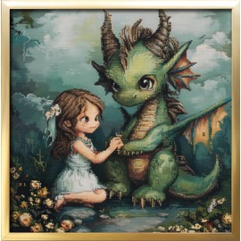 Cross Stitch Kit, 11 CT Die Cut, DIY Complete Range of Starting Cube Kits for Beginners, Pre-Printed Dragon and Girls, Dragon and Girls 45 x 45 cm