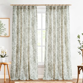 jinchan Pinch Pleated Curtains Floral Linen Blend Curtains for Living Room 96 Inches Long Green Peony Flower Printed Curtain Rod Pocket Back Tab Farmhouse Pinch Pleat Drapes with Hooks Set 2 Panels