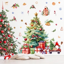 Large Christmas Tree Wall Decals Watercolor Giant Pine Tree Wall Stickers Removable Christmas Bell Bird Car Ornaments Wall Decals Big Xmas Tree Wall Stickers Holiday Christmas Party Decorations
