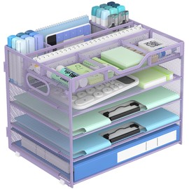 Docnest 5 Tier Mesh Desk Organizer- Letter Tray with Adjustable Compartments, Built In Pen Holder and Handles, Stackable Paper Organizer for Paper Mail Documents Office Supplies–Purple